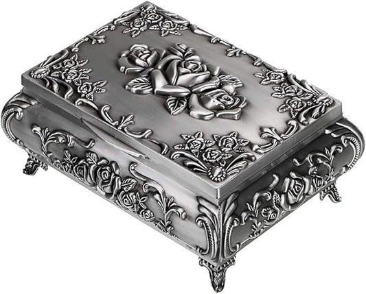 Hipiwe Vintage Metal Jewelry Box Small Trinket Jewelry Storage box For Rings Earrings Necklace Treasure Chest Organizer Antique jewelry Keepsake gift Box Case for Women (Medium)