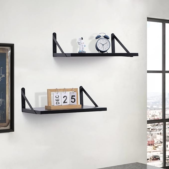 Marsmiles Black Floating Shelves for Wall, 12 Inch Deep Wood Wall Mounted Shelves Set of 2, 16W x 12D Wide Floating Wood Shelves for Bathroom Bedroom Kitchen Living Room, Black