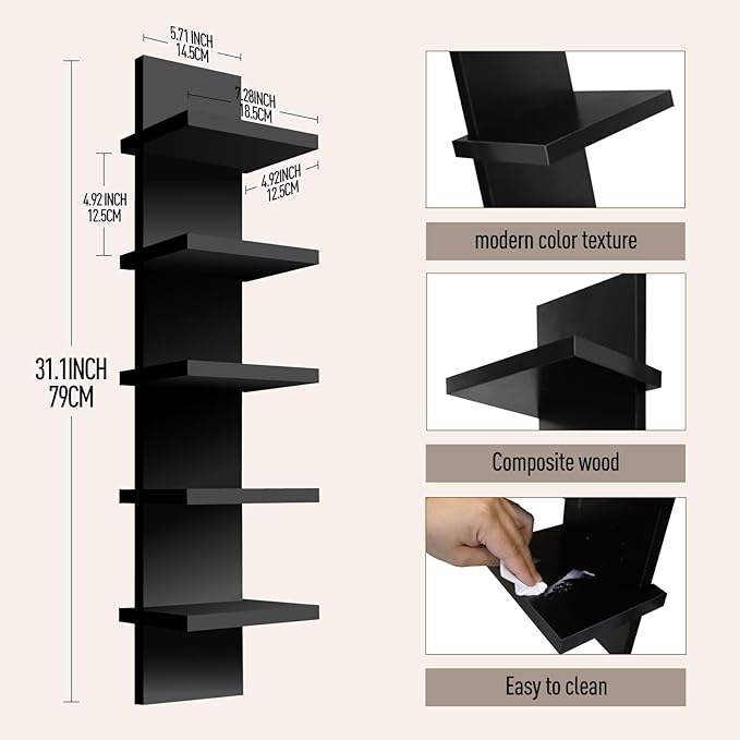 5 Tier Wall Shelf Unit, Decorative Wall Mount Vertical Shelving, Smooth Laminate Finish, Floating Storage Home Decor Organizer Tall Tower Design Utility Shelf for Bedroom Living Room (Black)