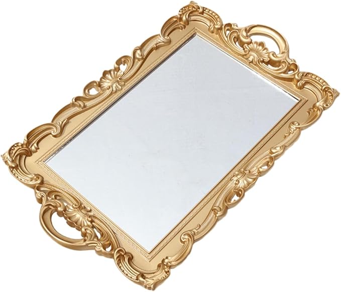 Mirror Tray for Dresser and Perfume, Vintage Decorative Vanity Tray with Glass Plate, Bedroom Makeup Organizer for Jewelry and Fragrance Display