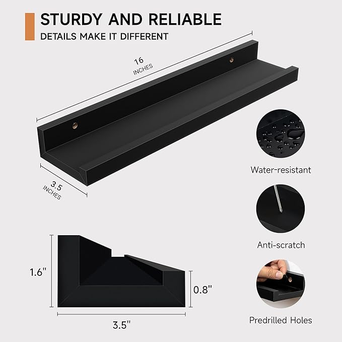 Fun Memories Floating Picture Ledge Shelves, Wall Mounted Wood Storage Shelf for Bedroom, Living Room, Bathroom, Kitchen, Nursery, Display Picture Ledge Shelf Set of 2-16 Inches, Black