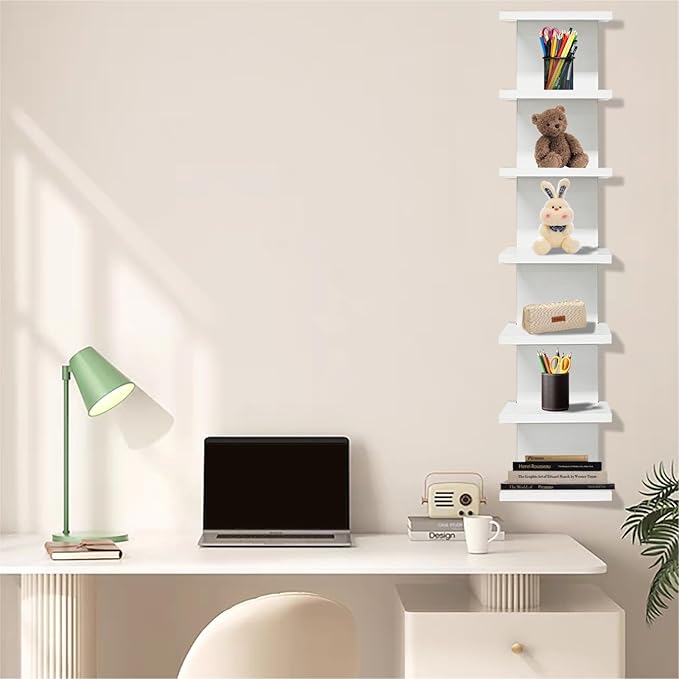 Eunika 7-Tier White Floating Wall Shelf, Tall Vertical Column Storage Organizer Modern Narrow Space Saving Design for Bedroom, Living Room, Home Decor & Display