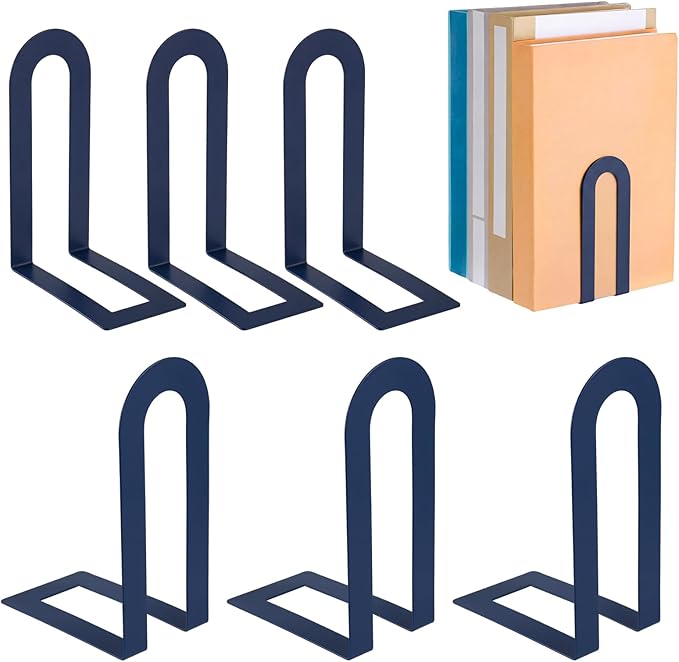 Chunful 6 Pcs Modern Metal Book Ends for Shelves Decorative Small Bookends Book Shelf Organizer Minimalist Design Stopper to Hold Books for Home Office (Blue,5.5 * 3.75 * 2.25inch)