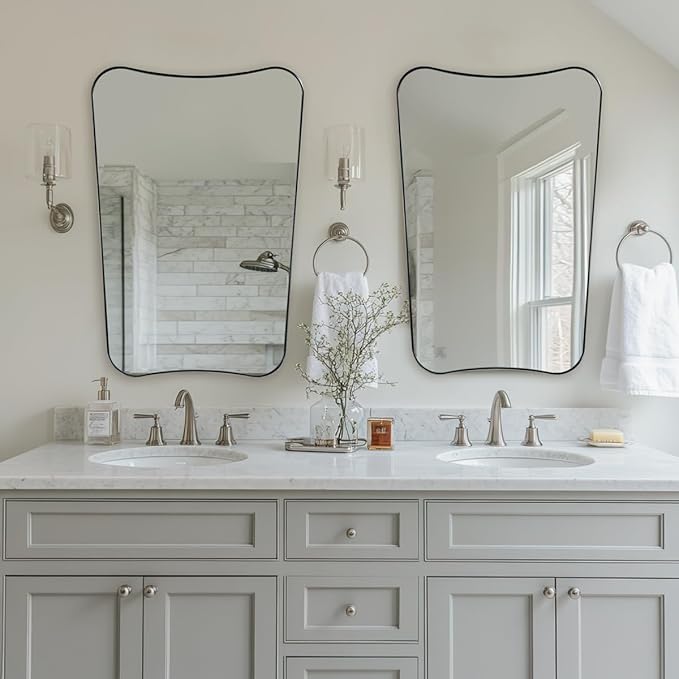 ANDY STAR Brushed Nickel Bathroom Mirror, 24x36 Inch Scalloped Mirror for Bathroom, Modern Irregular Shaped Mirror with Rust-Proof Stainless Steel Thin Frame, Ideal for Bathroom Remodel