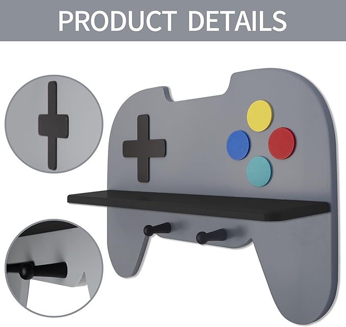 Game Room Decor Gaming Floating Shelf for Wall - Retro Controller Shaped Wooden Display Rack with Hooks for Controllers and Headphones, Gray, Gaming Room Organizer for Boys and Teens