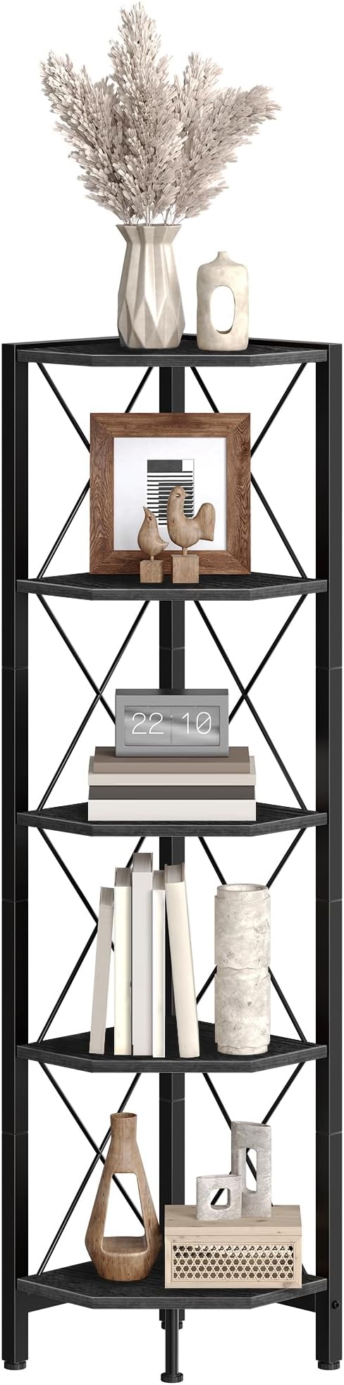 CHOEZON 5-Tier Corner Shelf, Corner Bookcase, 55.2" Tall Vertical Display Rack, Plant Stand, Open Storage Shelf, for Living Room, Bedroom, Study, Kitchen, Black TCJ12BB