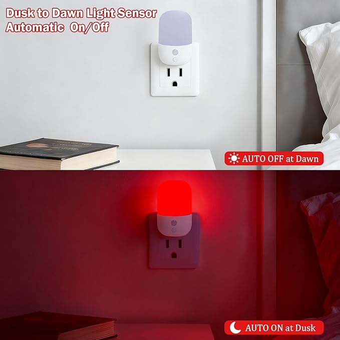 670nm Red Light Night Light for Sleep Therapy - 2 Pack, Auto Dusk to Dawn Sensor, 0.3W Dimmable & Portable LED Red Night Light Plug into Wall for Nursery Bedroom Bathroom Kitchen Hallway