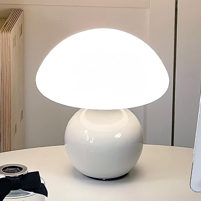 Cute Small Mushroom Lamp, PE Lampshade, Ceramic Base, Adjustable Light Color and Brightness with Power-Off Memory, Safe USB Powered, LED Mushroom Light for Bedroom Living Room (White)