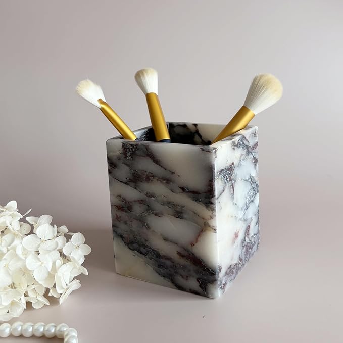 Natural Marble Stone Square Storage Container Empty Vessel Holder Cup for Candle/Pens/Sundries items (Calacatta Purple)