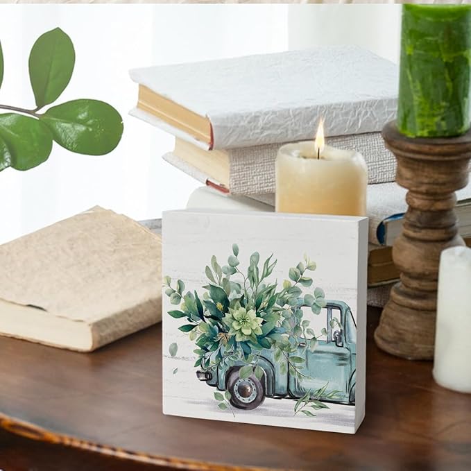 Farmhouse Spring Eucalyptus Leaves Wooden Box Sign Decor, Botanical Truck Wooden Block Plaque Sign Decoration for Shelf Table Farmhouse Tiered Tray Decor, 5x5