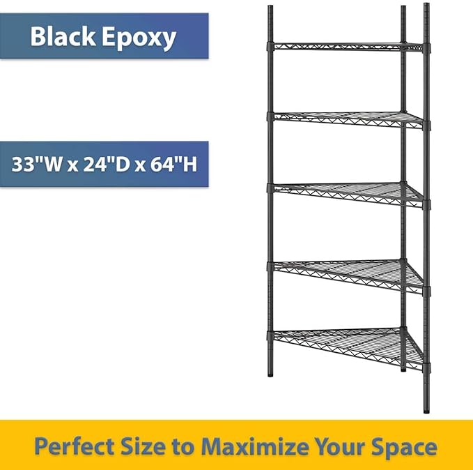 33" W x 24" D x 64" H NSF Black Triangle Heavy Duty Corner Shelving Kit, 5-Shelf Adjustable Wire Rack