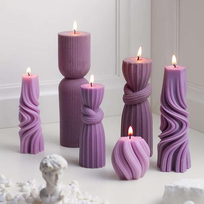 Threlaco 6 Pcs Pillar Candles Decorative Modern Aesthetic Ribbed Candle Set Cute Soy Wax Scented Ribbed Decor Commemorative Gift for Home Decoration(Purple, 2.36-6.89 Inch)
