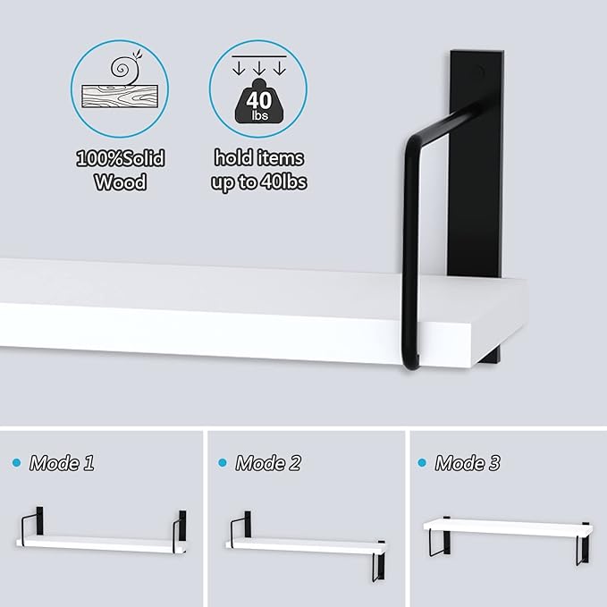 Floating Shelves - 24 Inch Wall Mounted Set of 3, Rustic Wood Shelves for Living Room Storage and Wall Decor (White)