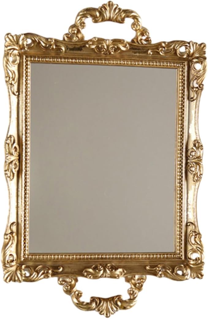 Veemoon Vintage Carved Mirror Tray Nordic Style Golden Resin Decorative Storage Plate for Perfume Makeup Organizer Wedding Dessert Table