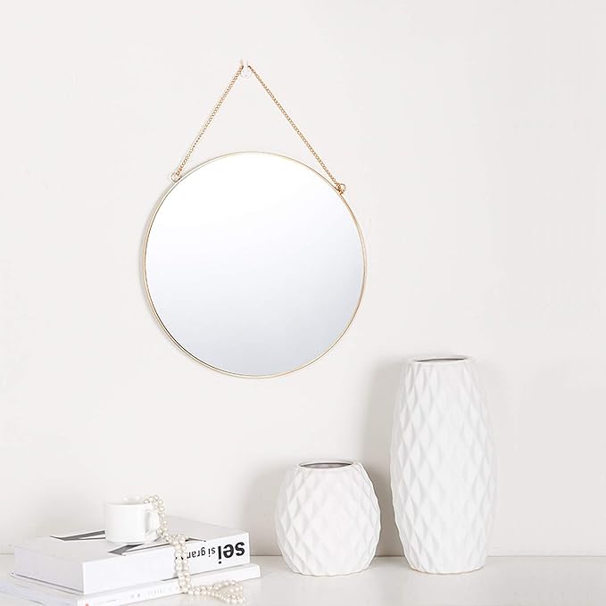 Dahey 11.8-inch Small Hanging Circle Mirror Wall Decor Gold Round Mirror with Hanging Chain for Bathroom Bedroom Living Room Dorm College Office, Gold