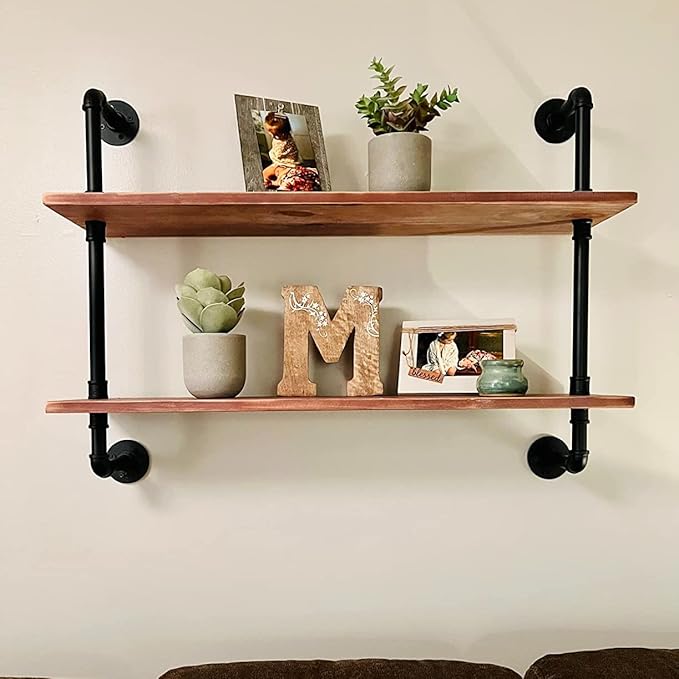 HDDFER Pipe Shelves Industrial Pipe Shelving Shelves Real Wood Industrial Floating Pipe Shelves with Wood Planks 36 inch Wall Shelves Rustic Hanging Bookshelf Farmhouse Kitchen Bar Shelving