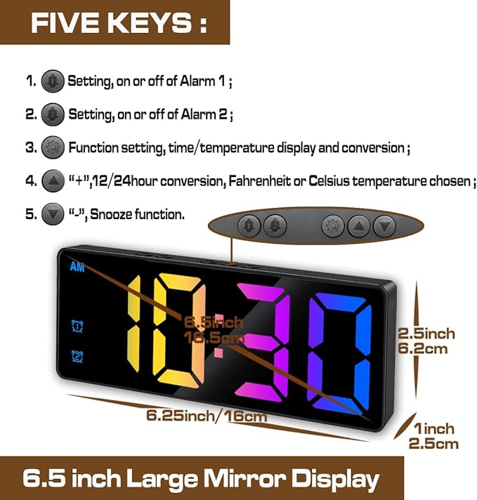 Small Digital Alarm Clock, Mirror Surface LED Electronic Clocks with Large Display, Adjustable Brightness and Snooze Model for Bedroom, Desk, Office, Black Case