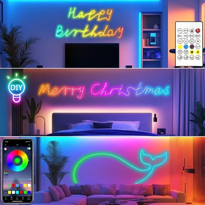 Cozylady RGB Neon LED Rope Lights, Waterproof Bluetooth APP Remote Control Music Sync Strip Lights, 24V Flexible DIY Silicone Light for Bedroom Home Indoor Outdoor Decor (12M/40Ft)