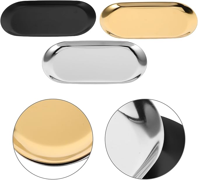 3pcs Stainless Steel Oval Jewelry Tray and Snack Storage Plate Set, 18cm Thickened Vanity Organizer for Makeup, Cosmetics, and Home Decor in Silver, Black, and Gold