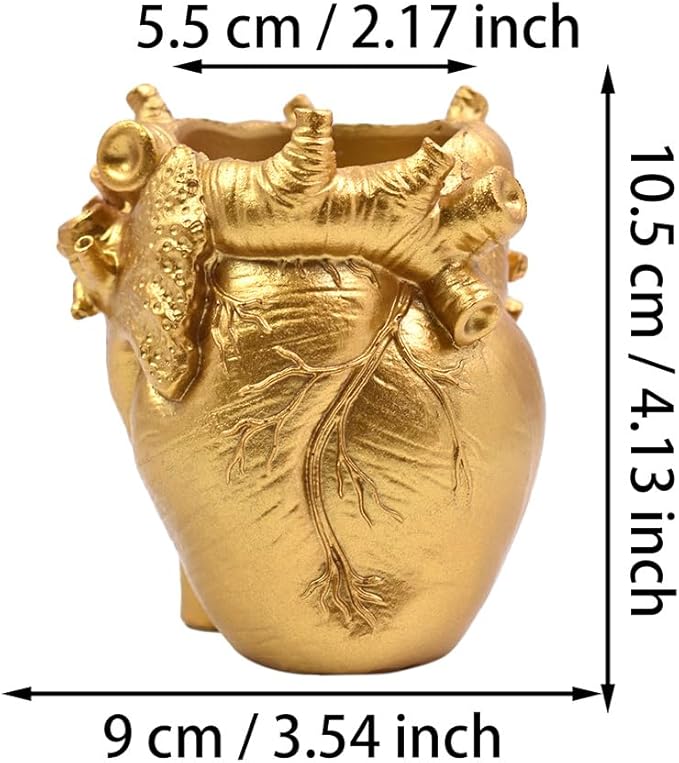 Small Human Heart Organ Shape Pen Holder Home Office Desk Storage Resin Decor, Makeup Brush Holder, 4.1" x 3.5", Golden