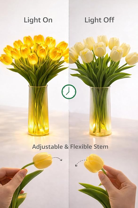 Radiant Romantic Tulip Light with a Vase, 15 PCS Twinkling Tree Tulips Led Night Light that Never Fade, Flower Shaped Ambient Night Lamp for Bedroom Bedside Decor & Gift (Mixed)
