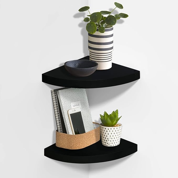 AHDECOR Black Corner Shelves, Modern Floating Corner Shelf for Space-Saving Storage in Bathroom, Bedroom, Kitchen, and More, Set of 2