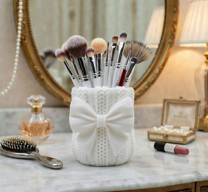 Knitted Bowknot Makeup Brush Holder, Cute Bow Vase, Pen Organizer for Kitchen, Bathroom or Office (White)
