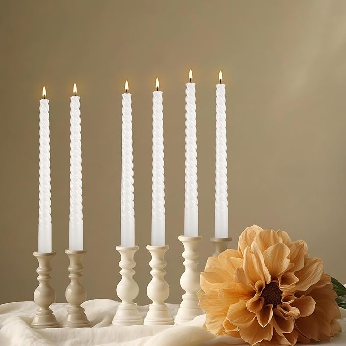 WPONSZU 10 Inch White Spiral Taper Candle Set of 12 Pack Unscented Dripless Candlesticks for Valentine's Day,Dinner,Party,Brithday,Wedding,Christmas,and Home Decoration