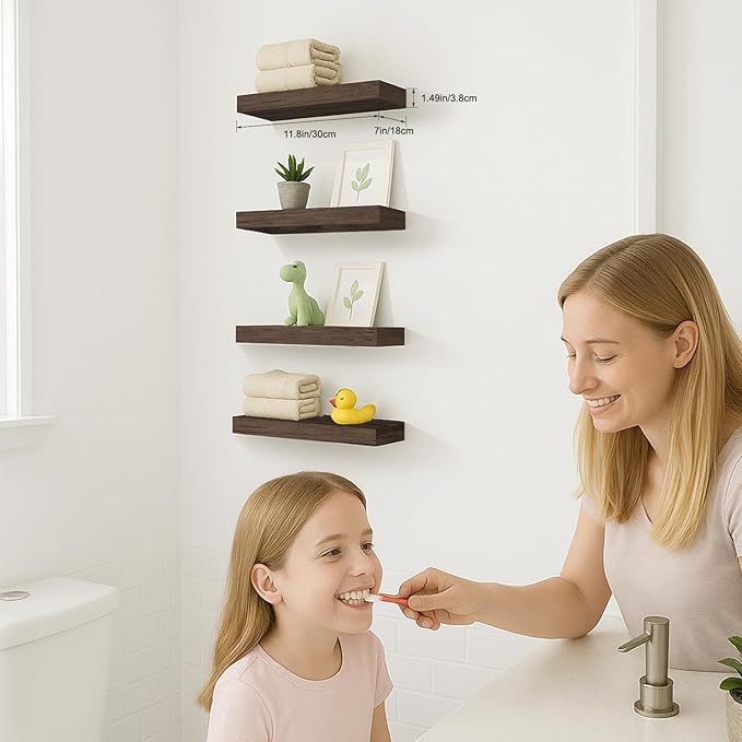 Floating Shelves for Wall, Bathroom Shelves Over Toilet, Wall Shelves & Book Shelf, Hanging Shelf, Modern Wooden Wall-Mounted Small Floating Shelves, 12x7x1.5 in (Smoke Gray, Set of 4)