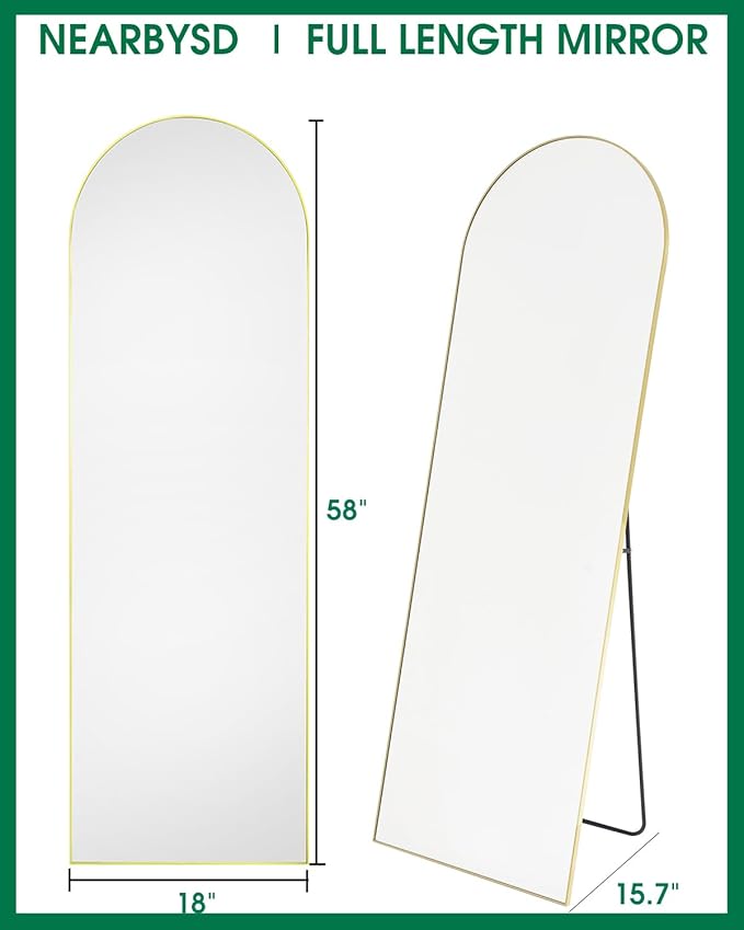 NEARBYSD 58"x18" Arched Full Length Mirror, Floor Mirror With Stand, Freestanding,Wall Mounted Hanging or Leaning Arched-Top Full Body Mirror for Bedroom, Dressing Room -Gold
