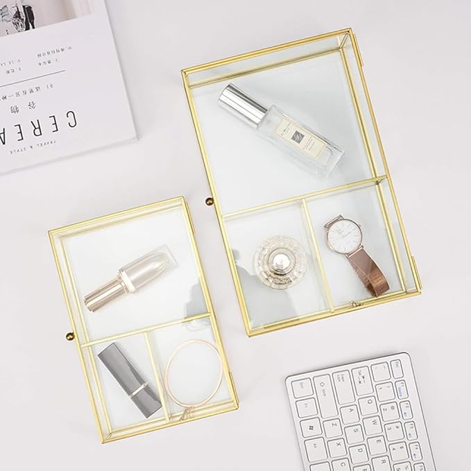 Cosmetic Organizer, Make Up Organizer Glass Compartments Make Up Brush Holder Clarity Cosmetic Box with Lid Jewelry Box for Desk Make Up Holder Kitchen Bathroom, Gold