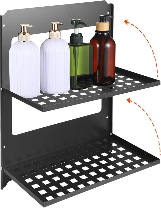 OMISTAR 2-Tier Folding Metal Wall Shelf, Foldable Wall-Mounted Rack, Space-Saving Double-Layer Shelf, Black Iron Floating Shelf for Kitchen, Bathroom, Laundry, Easy Installation with Screws (Black)