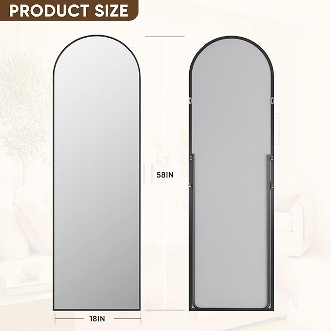 Antok Full Length Mirror, 58"x18" Floor Mirror with Stand, Hanging Mounted Mirrors for Bedroom, Living Room, Cloakroom, Dining Room, Black, Arched