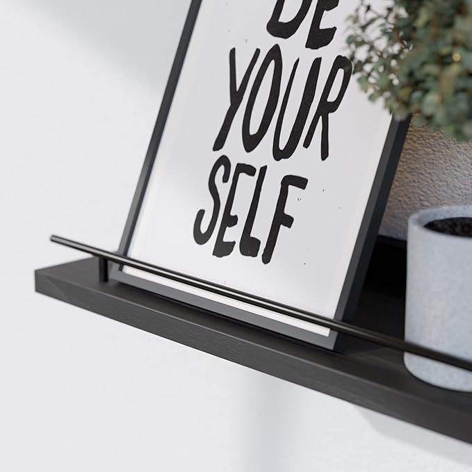 WOPITUES Floating Shelves 24 inch with Gold Metal Guardrail, Shelves for Wall Decor Set of 3, Wall Shelves for Bedroom, Bathroom, Kitchen, Living Room, Plants, Picture Frames, Art- Black