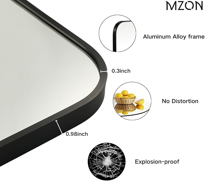 MZON 20x30 Inch Matte Black Bathroom Mirror, Rectangle Wall Mirror for Bathroom or Entryway, Anti-Rust Frame & Tempered Glass, Hangs Horizontally/Vertically - Space-Saving Minimalist Decor