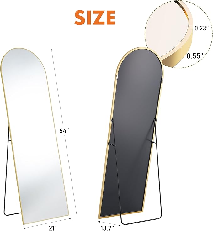 OLIXIS 64"x 21.5" Arched Mirror Full Length, Full Body Mirror with Stand, Hanging or Leaning for Wall, Floor Standing with Shatter-Proof Glass for Bedroom, Living Room, Long, Gold