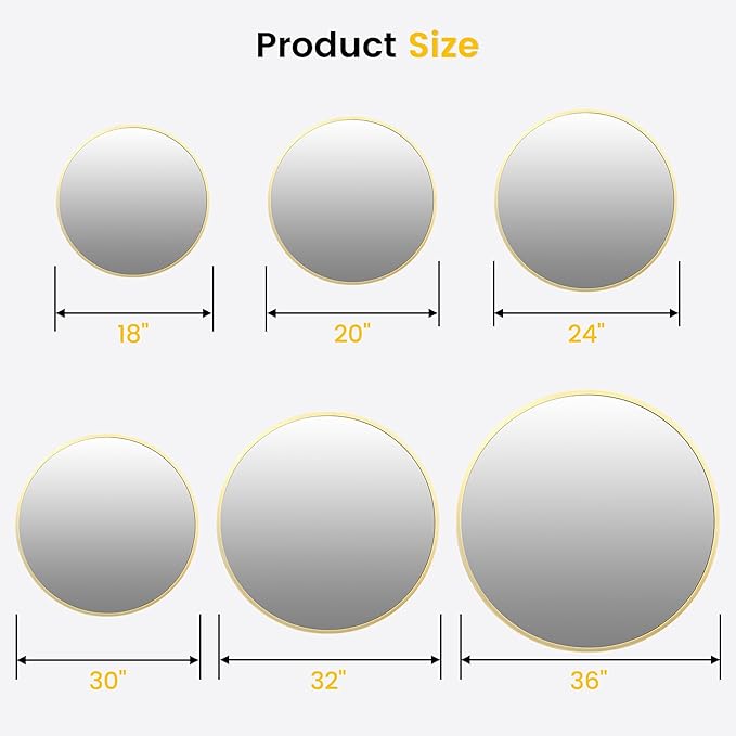 GarveeHome Gold Circle Mirror for Bathroom, 24 Inch Aluminum Alloy Frame Round Mirror, High Definition Eco-Friendly Round Bathroom Mirror for Over Sink, Wall Mirror for Entryway, Bathroom, Vanity