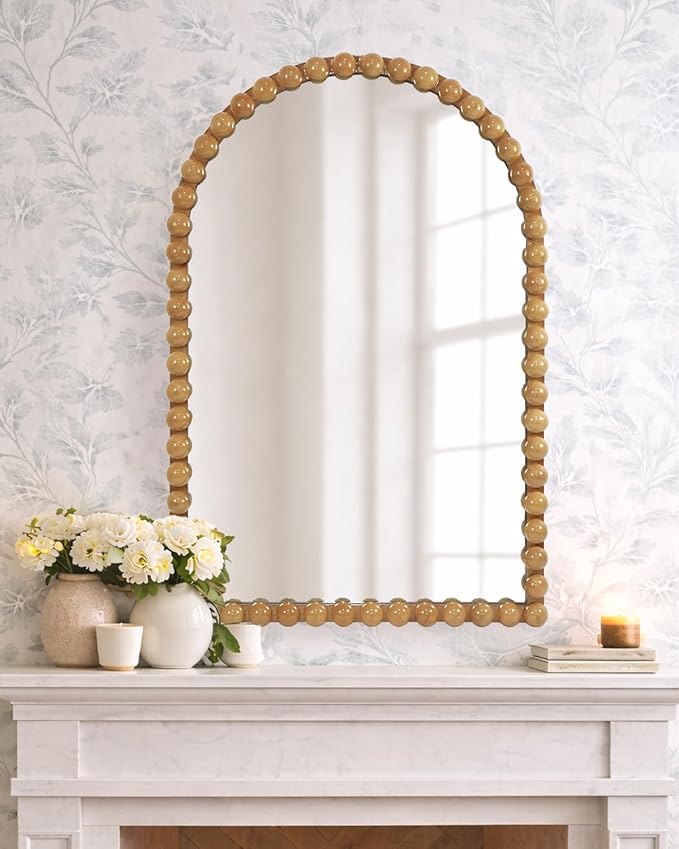 Beaded Arched Wall Mirror 24"x36", Decorative Arch Mirror with Beaded Frame, Vintage Style Accent Mirror for Entryway, Bathroom, Living Room, Bedroom, Fireplace Mantel