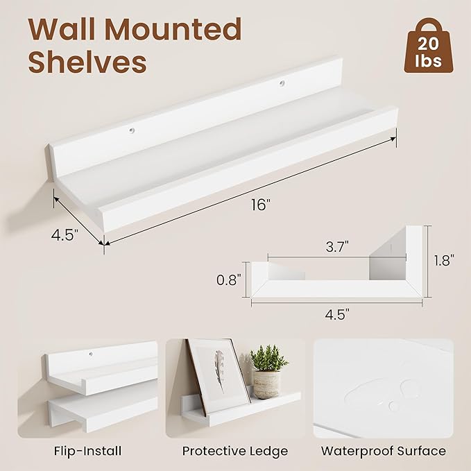 Heimlove Picture Ledge Shelf, Small Floating Shelves Set of 2, 16 Inches Picture Shelf for Wall with Ledge, Kids Bookshelf Wall Mounted for Living Room Bedroom Decor，White
