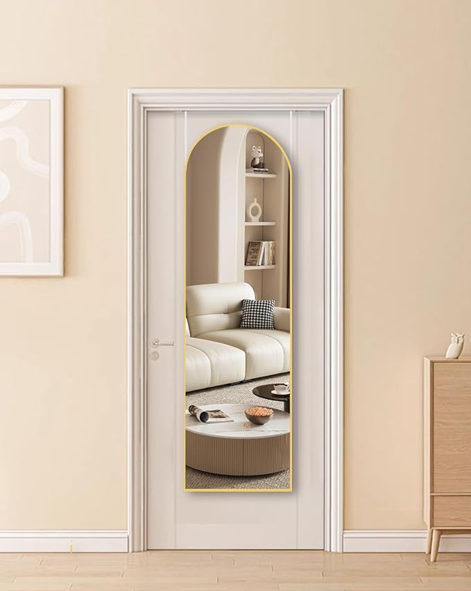 Arched Full Length Mirror, 48"x14" Gold, Tempered Shatterproof Glass & Aluminum Frame, Over Door or Wall Mounted, No Drill Installation for Bedroom, Bathroom, Closet, Entryway, Living Room Decor