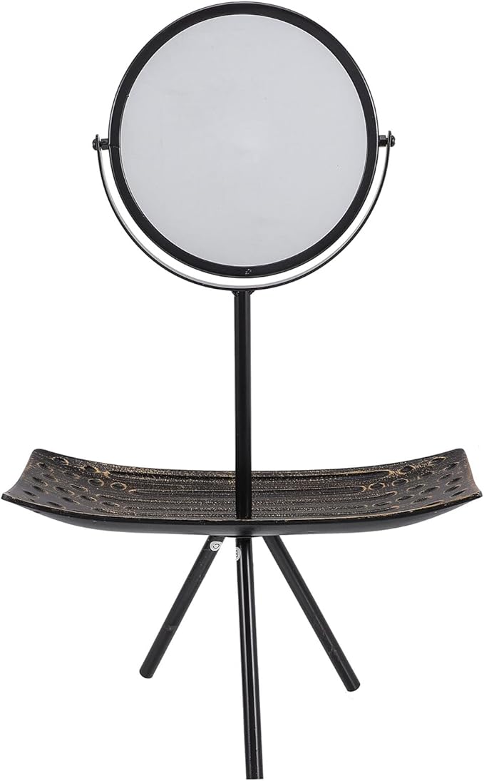Rotating Desktop Makeup Mirror with Jewelry Tray, Black Rectangular Vanity Mirror for Bedroom, Portable Vintage Style Cosmetic Organizer Tray and Women
