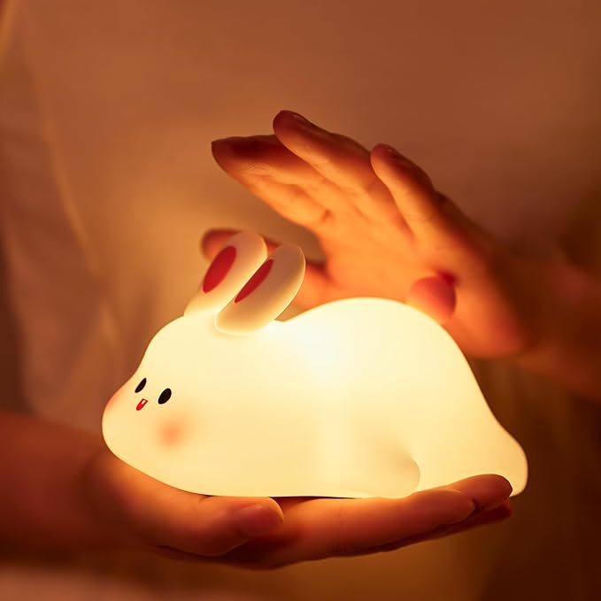 Night Light for Kids, Chubby-Faced Rabbit lamp 3-Level Dimmable USB Rechargeable Lamp with Timer, Soothing Animal Toy for Nursery Bedroom Dorm Decor, Gift for Boys Girls Teens Adults