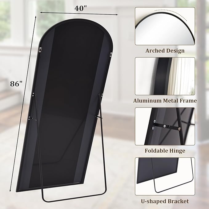 86" x 40" Large Arch Full Length Mirror - Floor Full Body Mirror with Aluminum Frame - Standing, Leaning or Hanging, for Bedroom, Living Room, Black