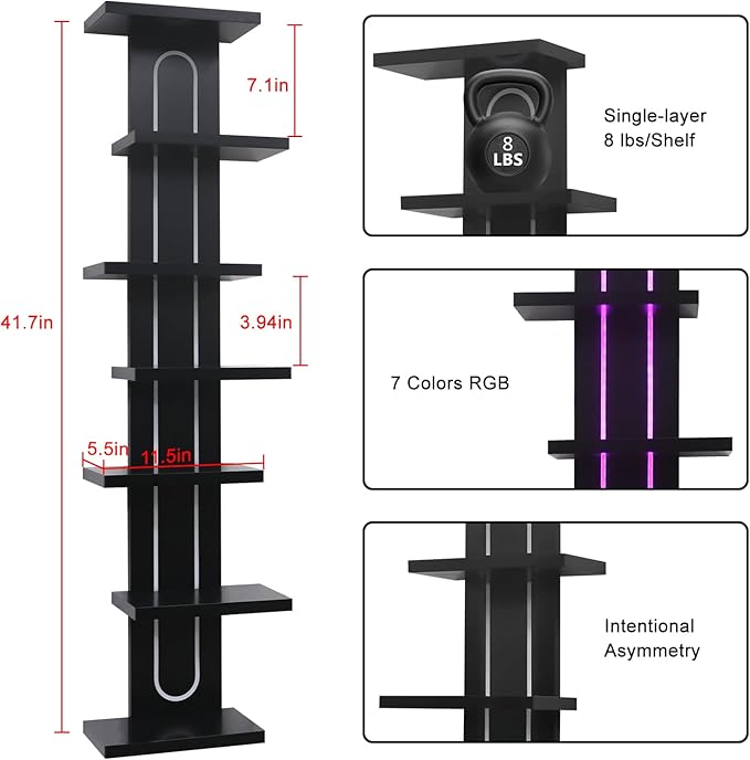 Homaterial 7 Tiers Floating Shelves Wall Mounted, Tall Lack Wall Shelf for Small Spaces， RGB Staggered Vertical Shelves for Storage & Decor for Bathroom, Kitchen, Bedroom,Dressing Room, Black