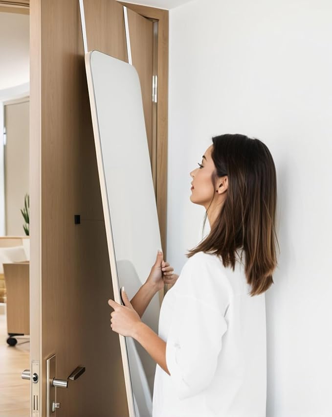 DMWOODFL 48"x14" Rounded Rectangle Over The Door Mirror - Full Length Tempered Glass & Aluminum Frame, No Drill Installation for Bedroom, Bathroom, Closet, Entryway (Silver White)