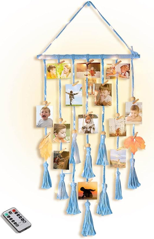Homecor Hanging Photo Display Wall Decor, Blue Macrame Hanging Boho Room Bedroom Decor, Picture Frame Collage with Light & 30 Clips, Christmas Teenage Teen Girl Gifts Ages 10 11 12 13 14 Years Old