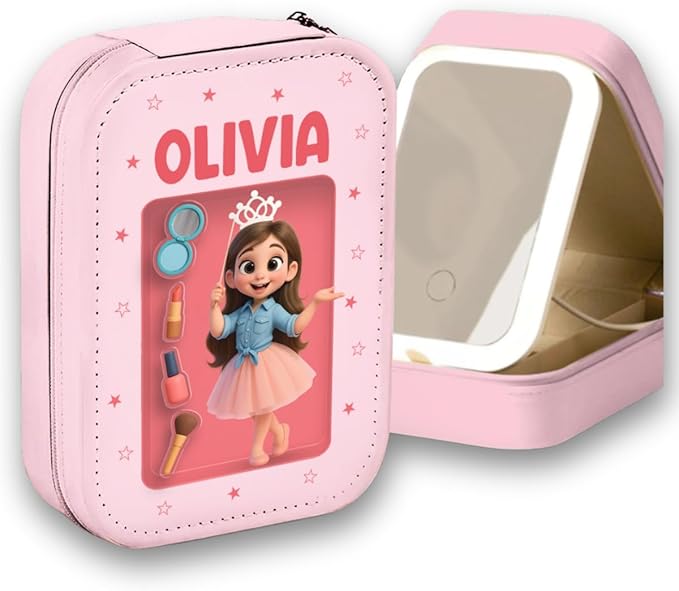 Wrappiness Women & Girls Floral Makeup Box With LED Mirror - Custom Photo Jewelry Box with LED Mirror, PU Leather Organizer Gift for Girls, Daughters, Granddaughters, Keepsake from Mom or Grandma