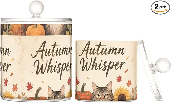 Hello Fall Autumn Cat Pumpkin Sunflower Clear Plastic Makeup Organizer Storage with lid Dresser Essentials Decorative small storage bins for Cotton Swabs,Cotton Pads,Floss Picks,Paper