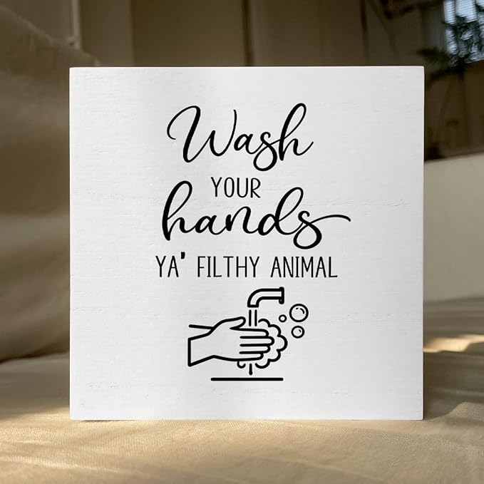 Funny Rustic Bathroom Decor Wooden Box Sign 5x5 Inch - "WASH YOUR HANDS YA' FILTHY ANIMAL" Humorous Restroom Shelf Table Decoration for Home