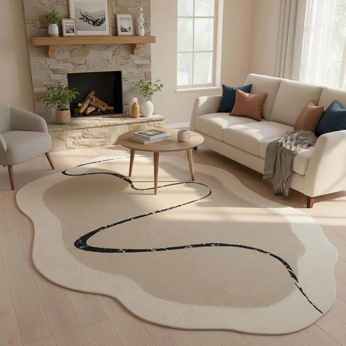 4x6 Irregular Rug Modern Minimalist Off White Brown Line Art Deco Abstract Shaped Rug for Meetingroom Bedroom Living Room Washable Thin Plush Carpet Non Skid Easy Clean Nursery Indoor Floorcovers